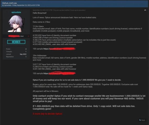 optus break ransom mail with urls blocked out 1