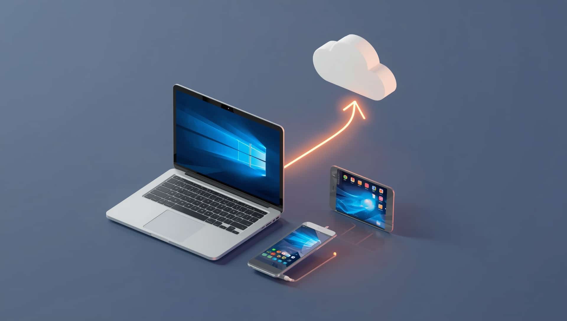 An illustration of files syncing automatically from a laptop, tablet, and smartphone to the cloud, showing a complete backup solution
