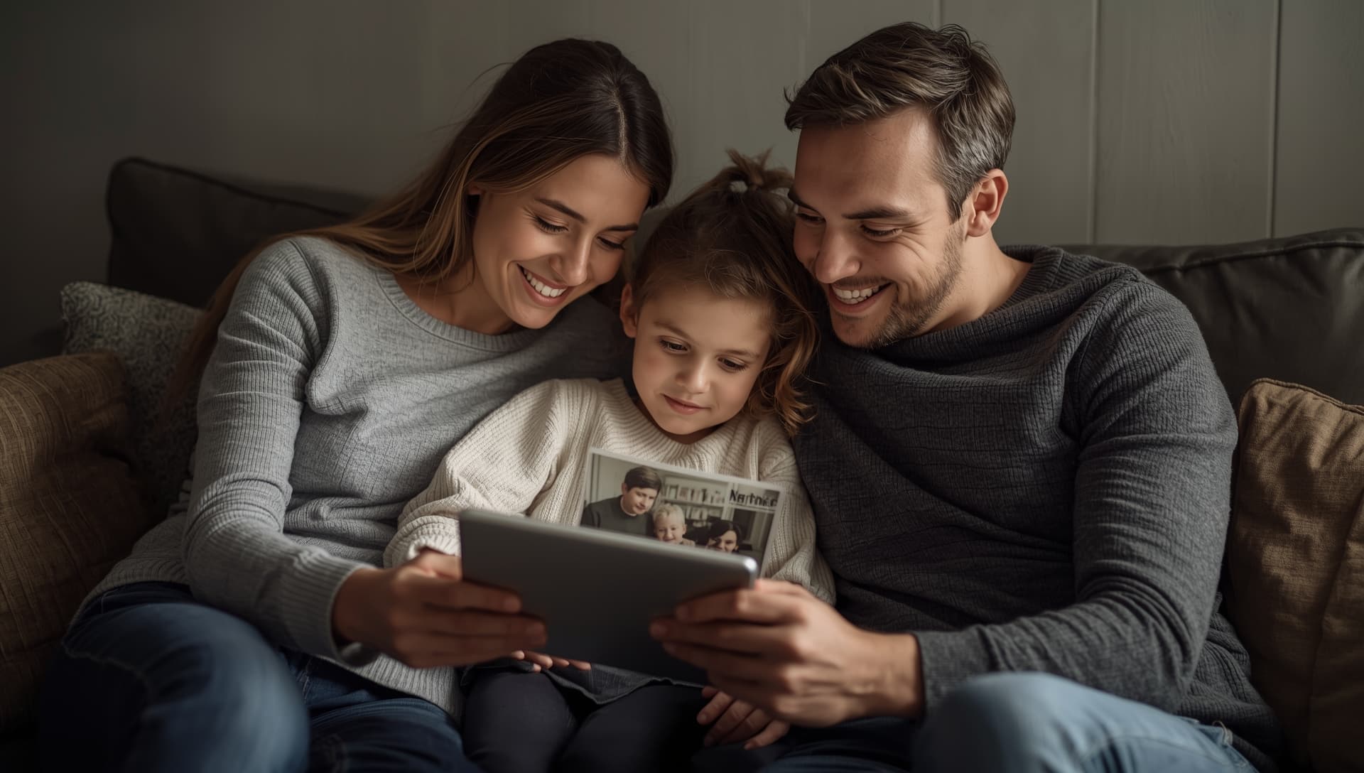 A family enjoying their precious digital photos, which are safely protected from loss by a secure cloud backup solution