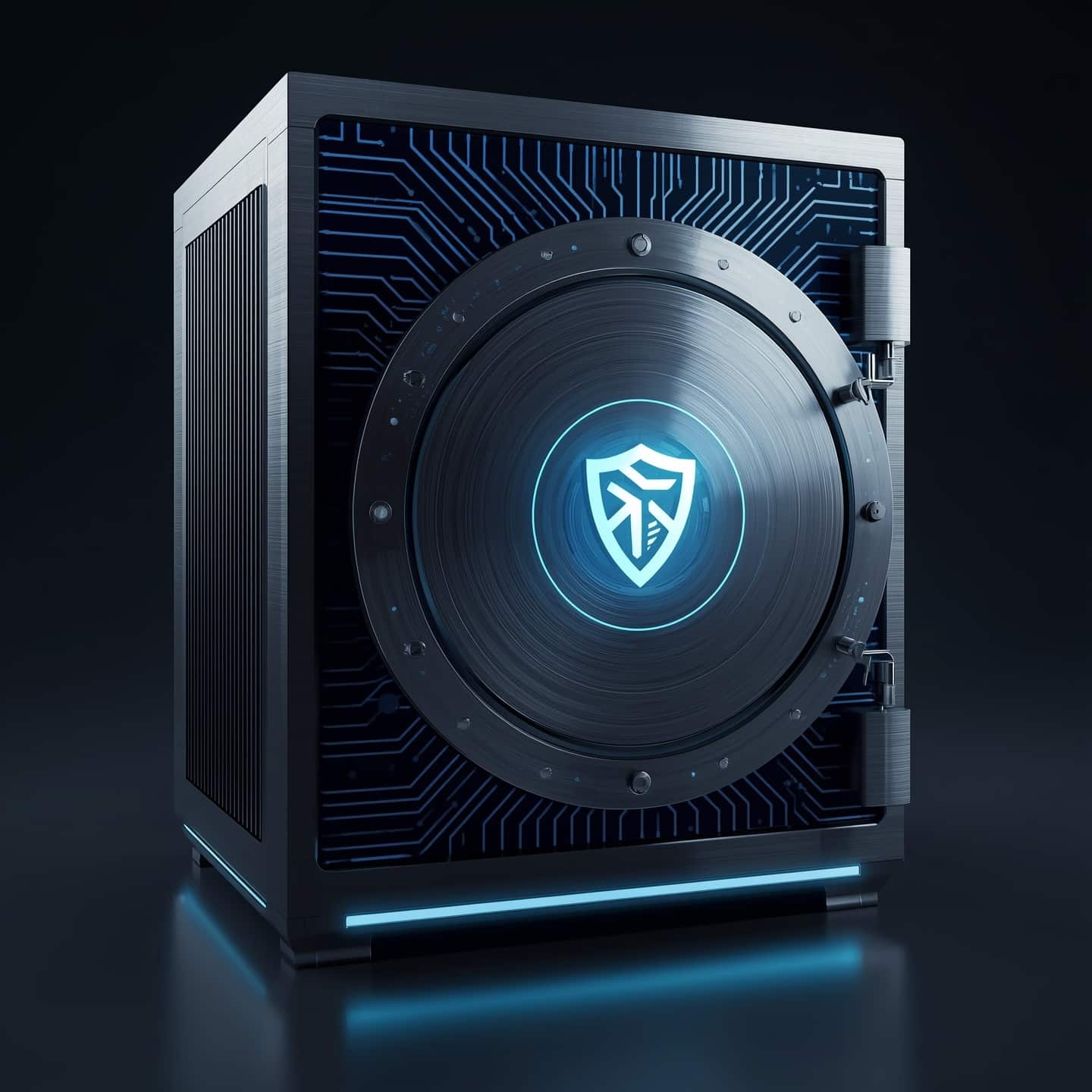 A futuristic digital vault representing secure, military-grade encrypted cloud backup for protecting sensitive photos and documents