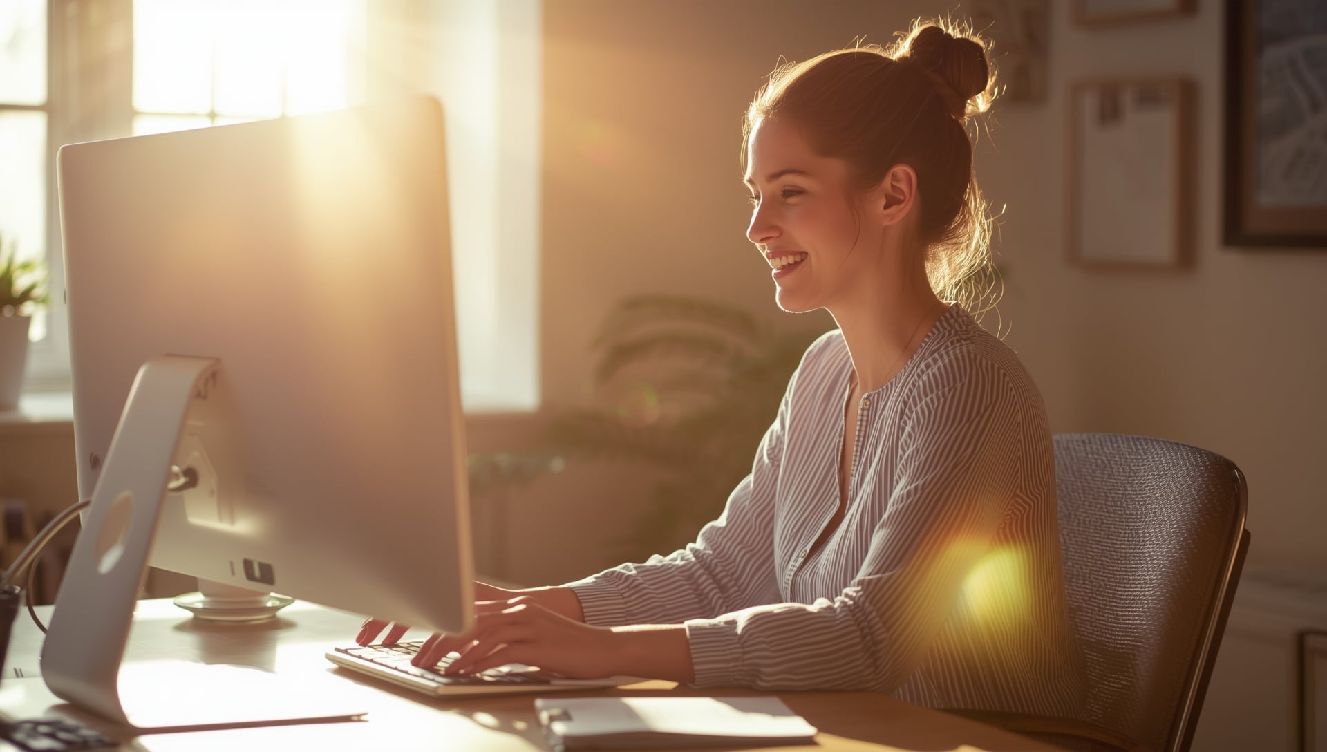 A relaxed small business owner works confidently, knowing her critical files are safe and secure with an automated cloud backup service.